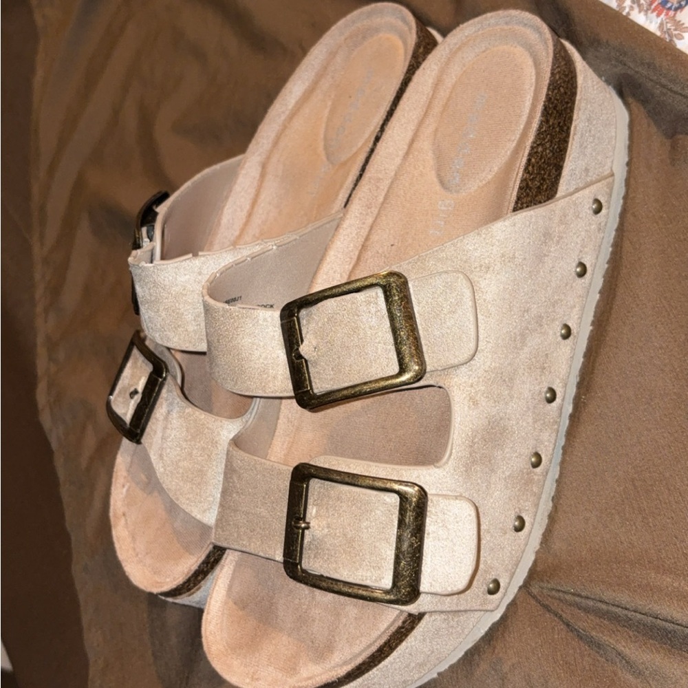 Madden Girl Beige Sandals with Gold Buckles